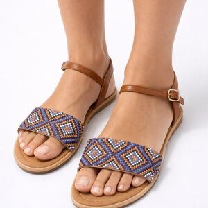 Women's Tan Beaded Ankle-Strap Sandals